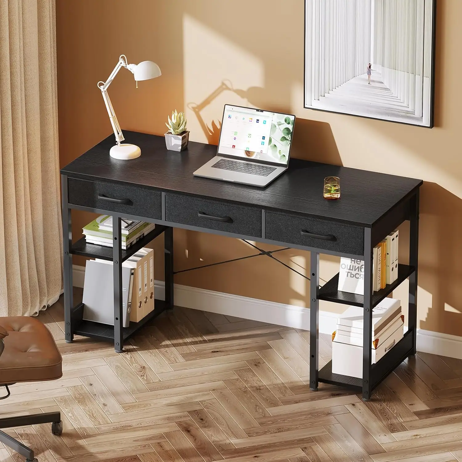 

Small Office Desk with Fabric Drawers, Computer Desk with Storage Shelves, Modern Writing Table, 48" Home Desk, Deep Black
