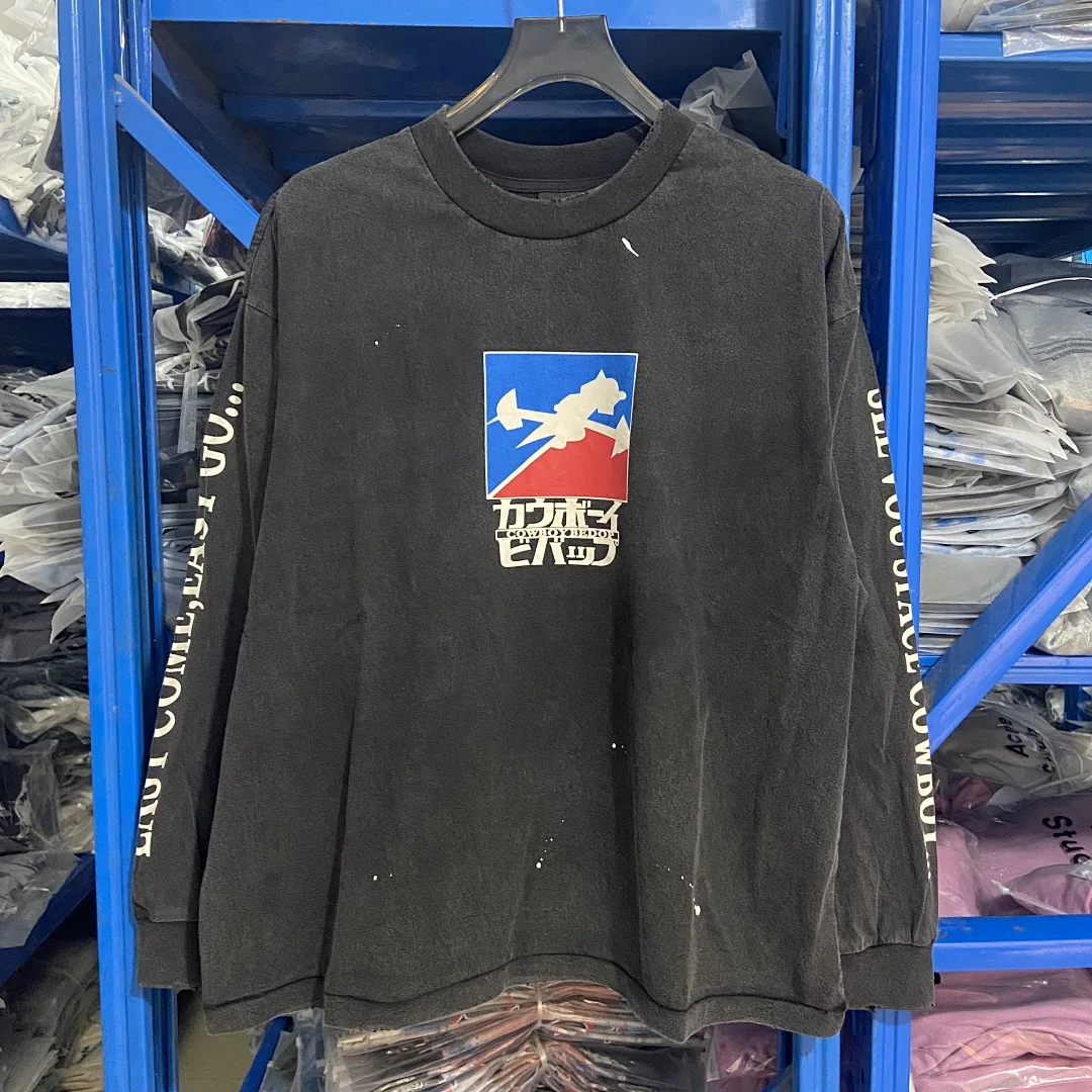26ss SAINT Co-brand Printed Washed Women Men Long Sleeve T shirt LOOSE fit Men Casual Cotton Distressed T shirt tees