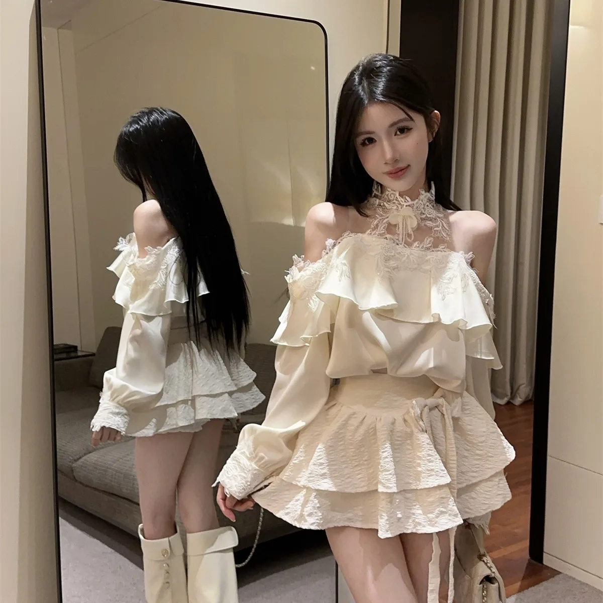 Sweet Embroidered Tulle Ruffle Lace irt And Cake Skirt Women's Set Autumn New Sle Long Sve One oulder Faion Ensemble