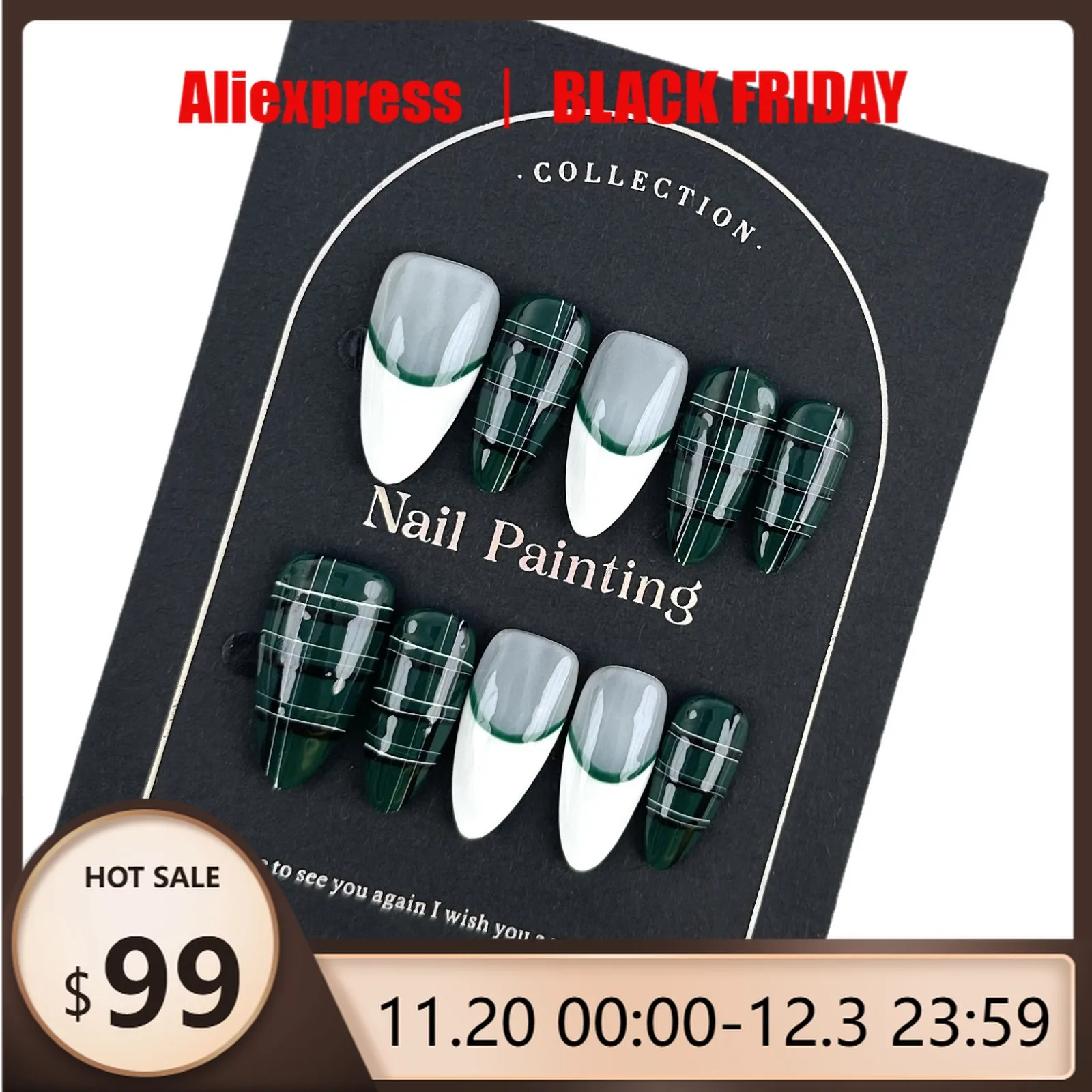 

10pcs Scottish Plaid Dark Green Handmade Press on Nails French Manicure False Nail for Women&Girl Removable Wearable Nail Art