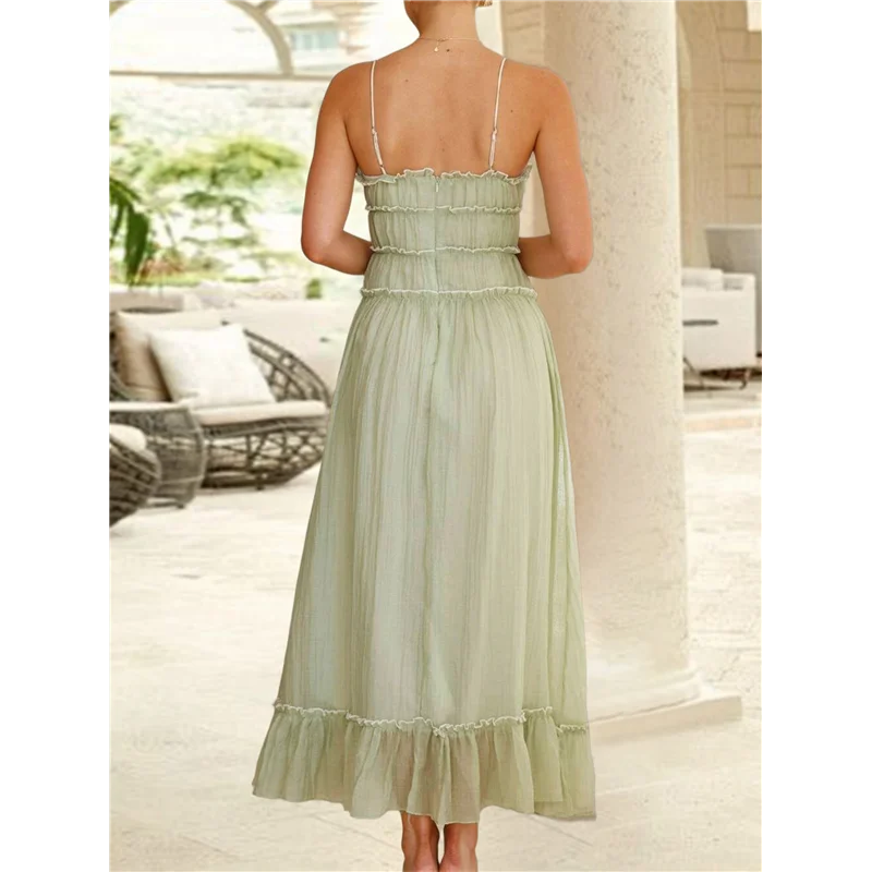 Abito estivo da donna 2025 Abito casual senza maniche con cinturino per spaghetti RIC Rac Trim Abito lungo da spiaggia con volant smock