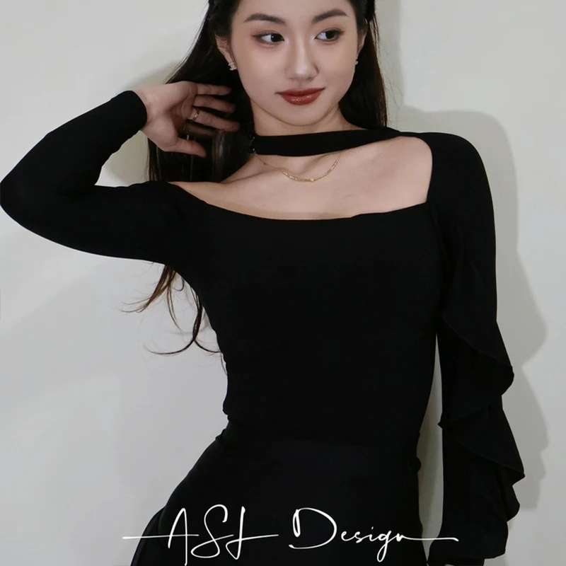 Sexy Latin Dance Tops Frauen Rüschen Lange Ärmel Trikots Ballroom Dance Praxis Kleidung Salsa Rumba Walzer Tanz Tragen BL18210