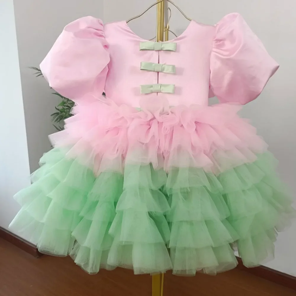 Custom Luxury FlowerGirl Wedding Pageant Pink Green Puff Gradient Tulle Kids Luxe Birthday Guest Evening Runway Short Dress