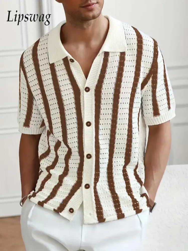 

Винтажные полосатые вязаные рубашки мужские 2026, весна-лето, новая повседневная дышащая рубашка с вырезами, стильная мужская рубашка с лацканами на пуговицах