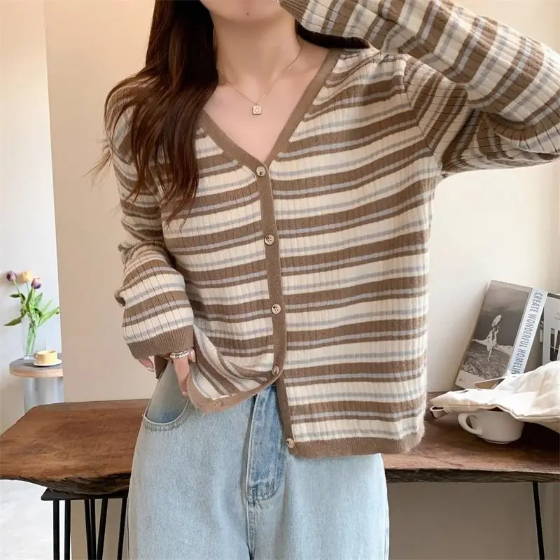 Women Clothing Korean Style Striped Knit Cardigan Spring Autumn New Casual All-match V-neck Long Sleeve Tops Thin Sweaters Coats