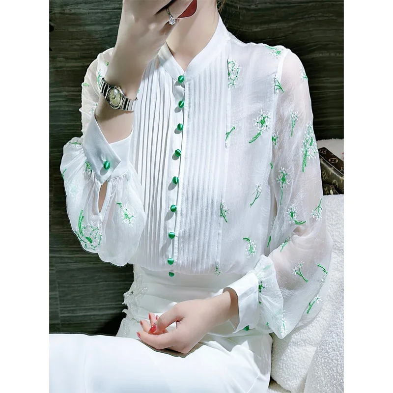 2023 New Summer Style Celebrity Exquisite Embroidered Organ Pleated Lantern Sleeves Solid Color Versatile Oversize Women's Shirt