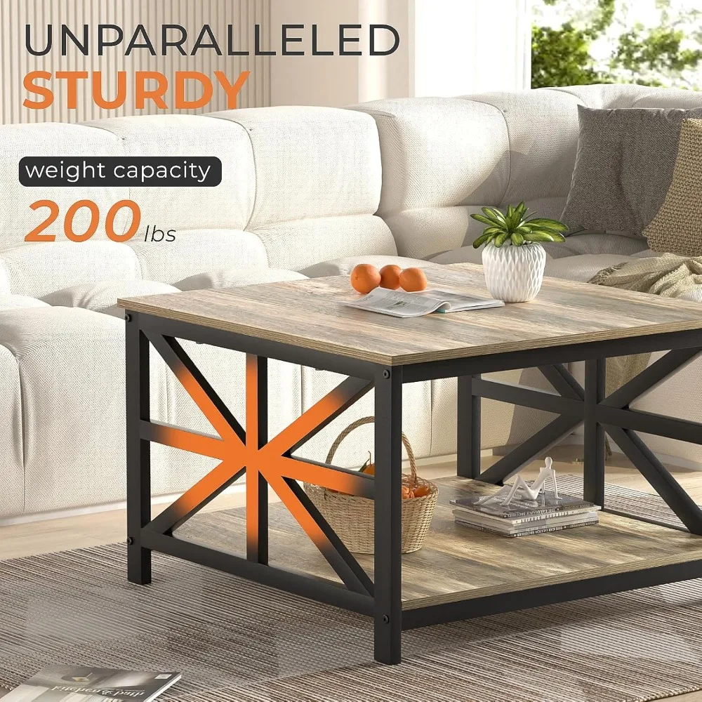 Coffee Table with Storage for Living Room, Small Square Center Tables with Seamless One-Piece Tabletop Farmhouse Style