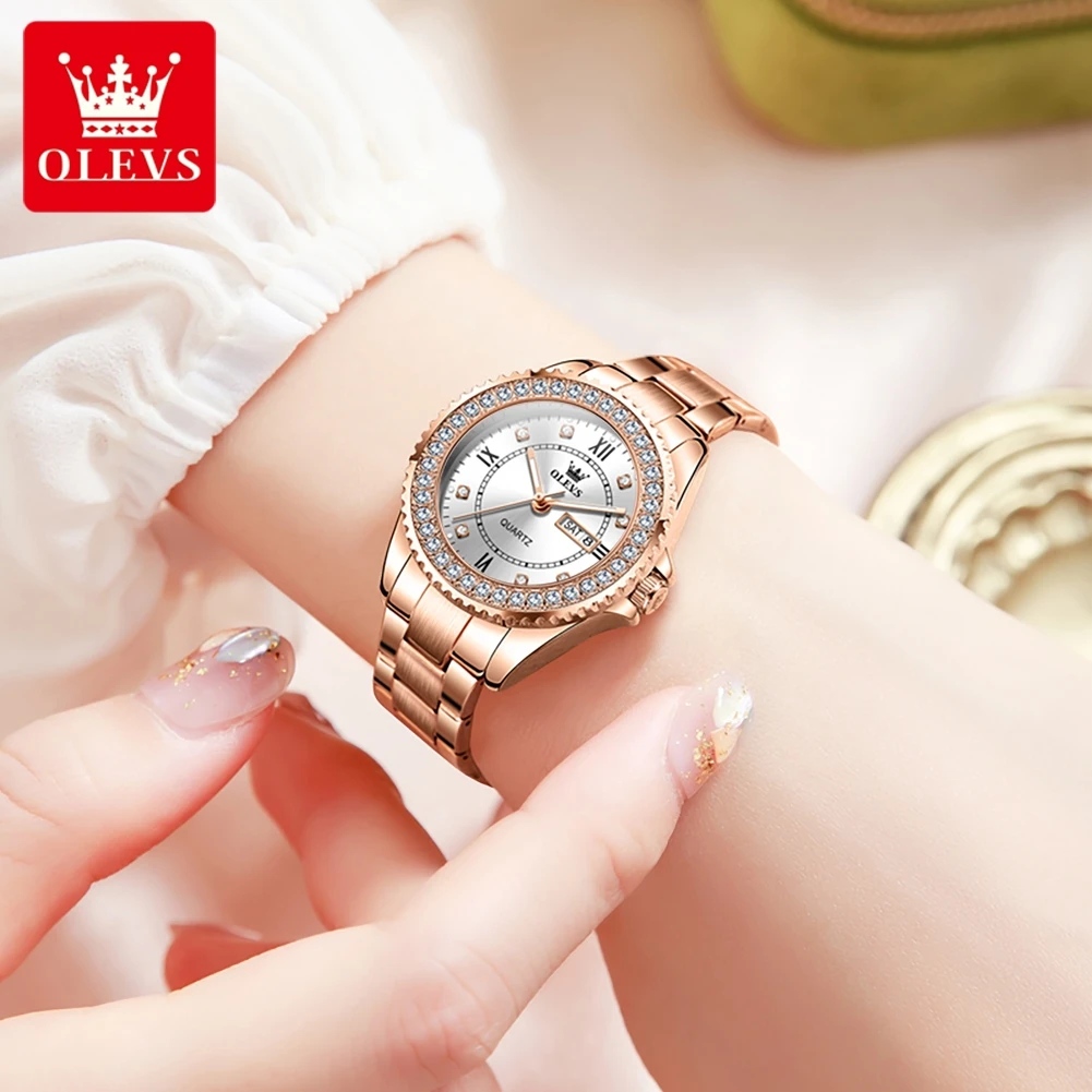 OLEVS Top Original Diamond Quartz Watch for Women Stainless Steel Waterproof Luminous Dual Calendar Luxury Women\'s Wristwatches