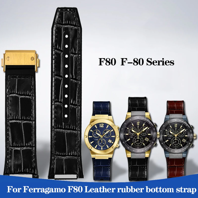 

For Ferragamo Men's Leather Waterproof Rubber Bottom Watch Chain Sport Three Eye F-80 F80 F 80 Series Concave Watch Accessories