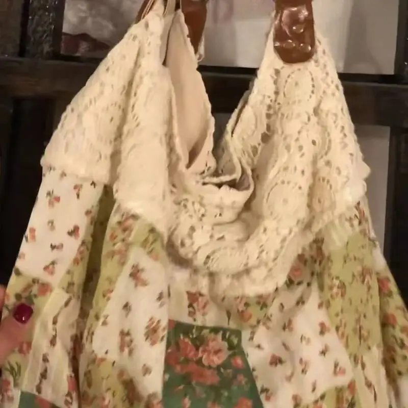 خليط الدانتيل زهرة طباعة حقائب كتف خمر كل مباراة Haruku حقائب اليد النسائية موضة Y2k الجمالية حقيبة تحت الإبط عادية