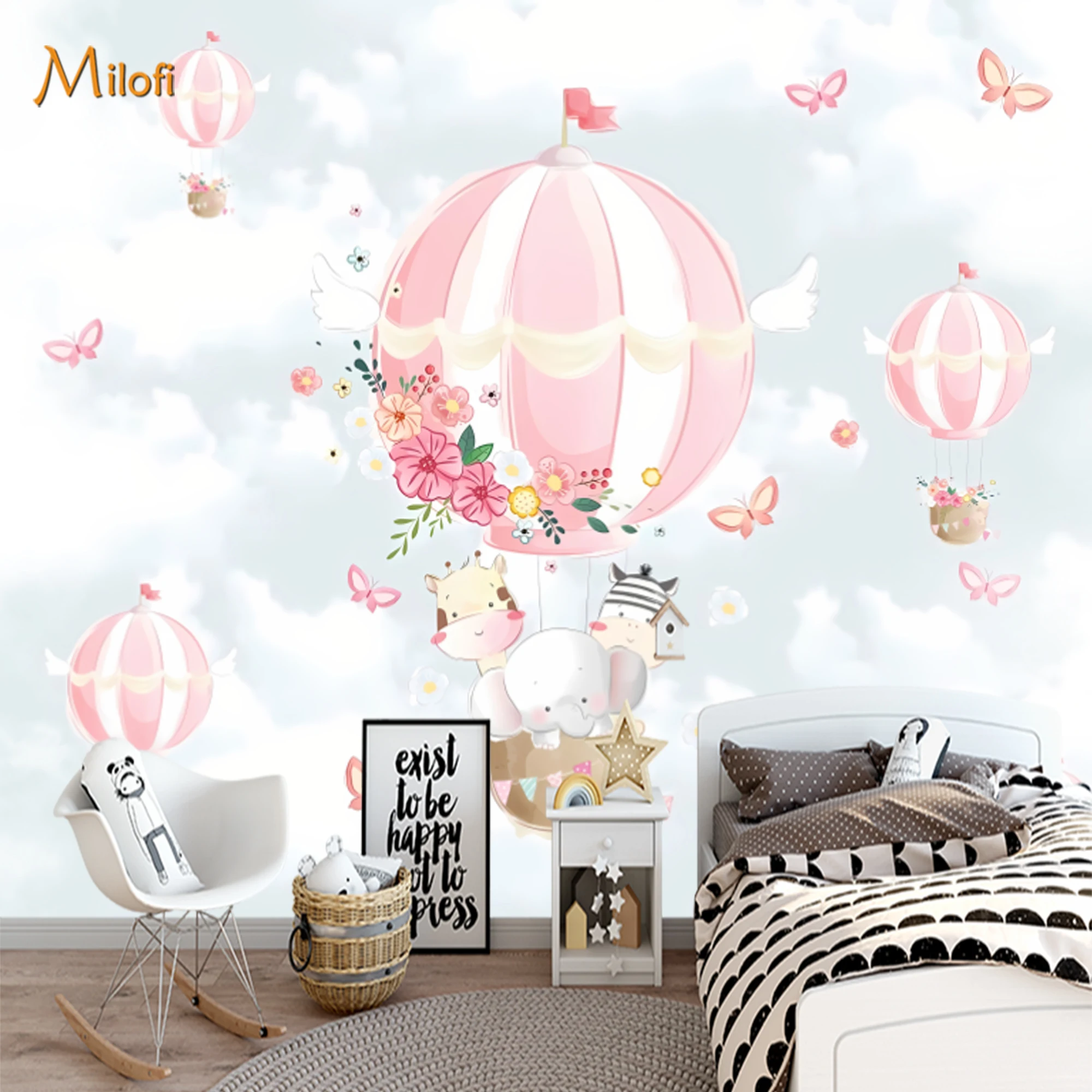 Custom 3D Mural Wallpaper Kids Peel And Stick Wall Cute Animal Hot Air Balloon Floral Cloud For Nursery Bedroom Home Decor