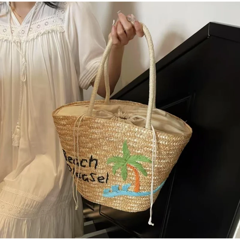 Kokosnuss-Stickerei Strohgewebte Strandtasche, Große Kirsch-Tragetasche, Damen Sommer Casual Urlaubstasche mit Schriftzug – Detail 5