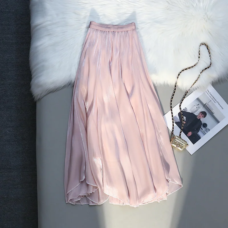 

Irregular Pink Gauze Skirts Summer Elastic Waist Solid Color Glossy Mid-Length Skirt Women's A-Line Skirt Chic Princess Bottoms