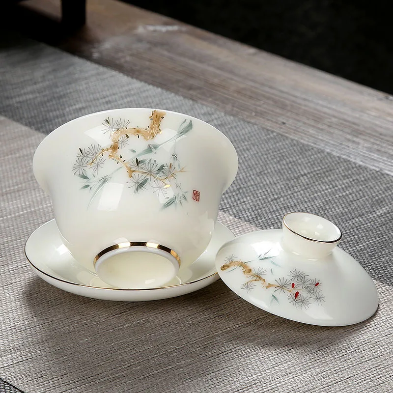 

Чайная посуда Gaiwan Tureen, фарфоровая тарелка из овечьего жира и нефрита, чайный сервиз кунгфу, чайный набор с голубым и белым чайником, деловые подарки для дома