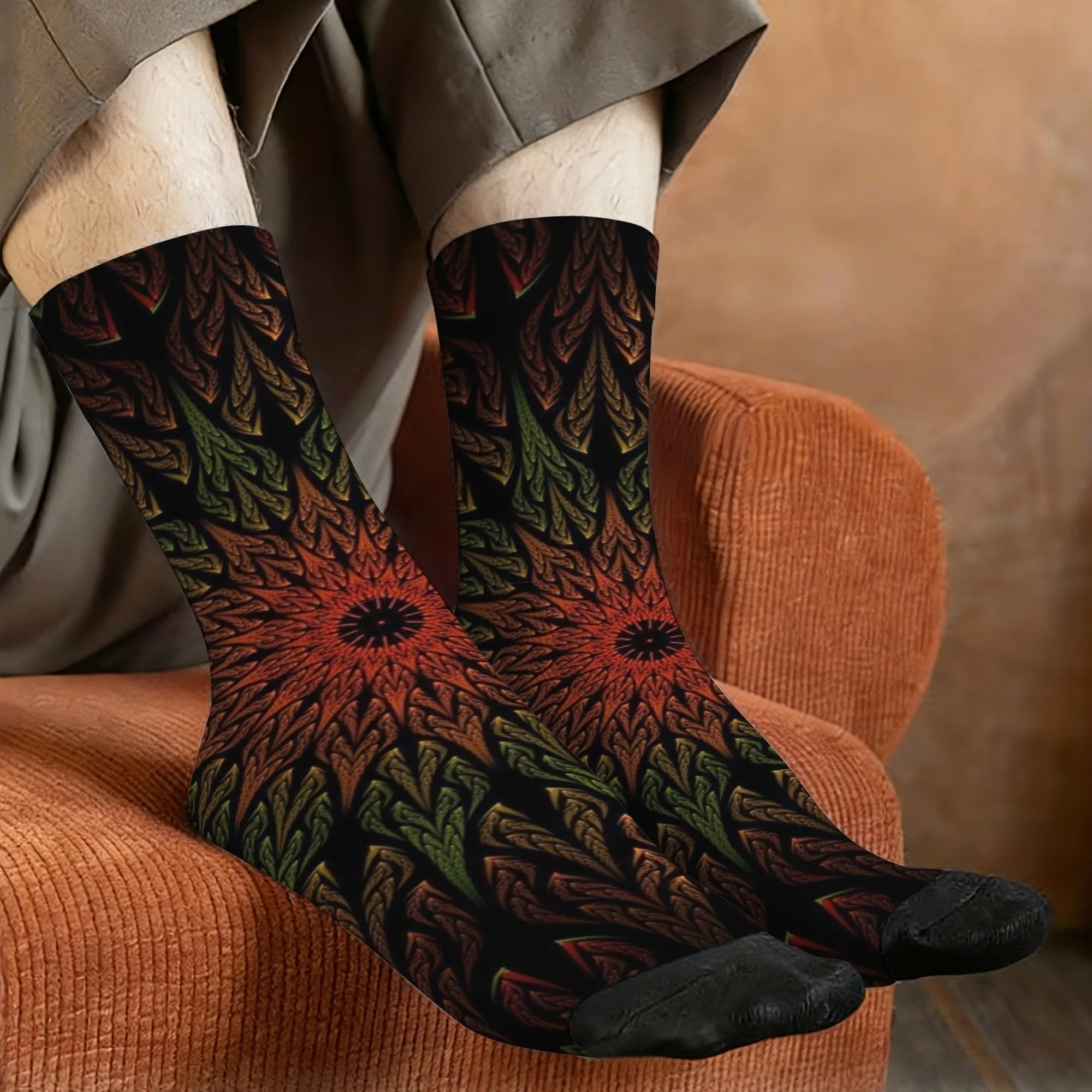 Novel flame-patterned kaleidoscope psychedelic style men's socks, comfortable, breathable, non-slip, casual socks, a great gift.