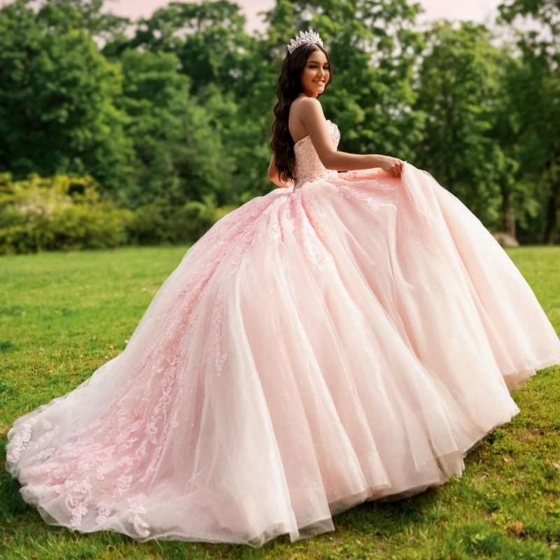 

Pink Shiny Quinceanera Dresses Off The Shoulder Applique Lace Beads Tull Corset Party Birthday Sweet 16 Dres Vestidos 15 Anos