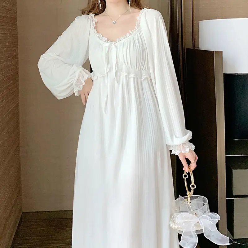 Lace Women Nightgown Korean Sleepwear V-neck Nightwear Solid One Piece Pajamas Padded Autumn Sleeping White Elegant Night Dress