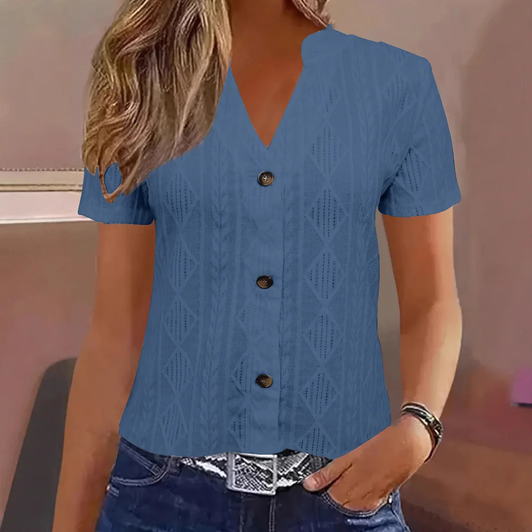 2025 여름 여성 패션 블라우스, 여성용 캐주얼 단색 버튼 V넥 반팔 루즈핏 셔츠