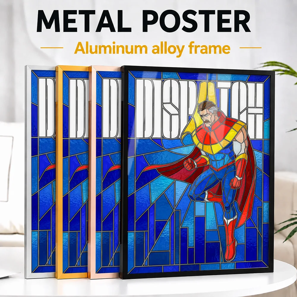Superhero Dispatch In Stained Glass Framed Metal Poster Personalized Hero Tribute Wall Art Made For Players Styling Game Room