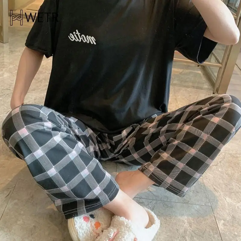 Summer Pajama Set Girl Short-Sleeved T-shirt Plaid Long Pants Sweet Housewear Suit Women