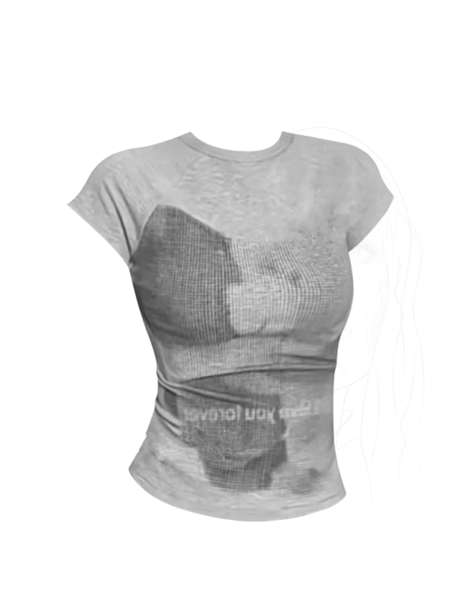 Women's Grey Print T-shirt Short Sleeve O-Neck T-shirt Aesthetic Y2K Gyaru Tee Top American Retro Cropped Top for Women Summer