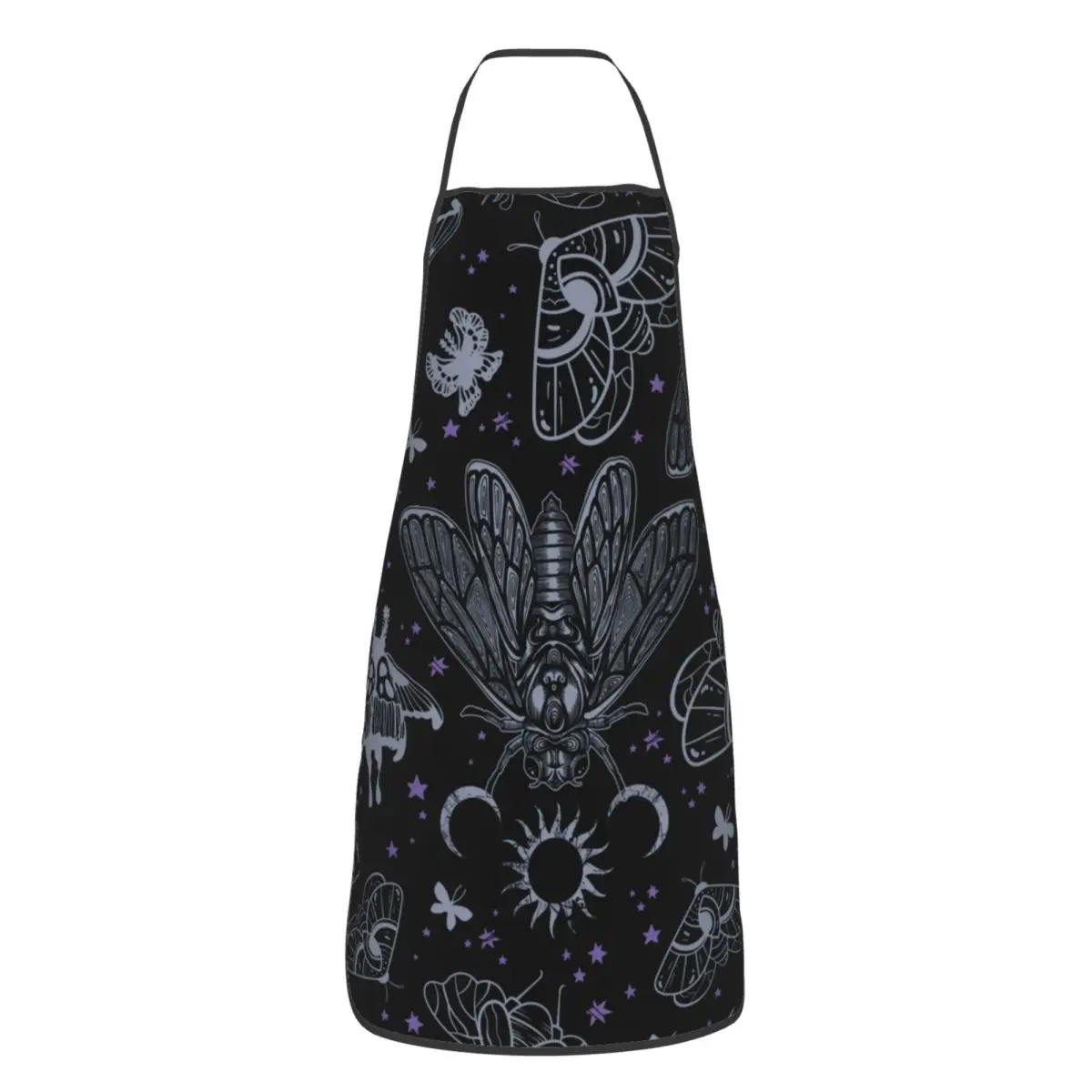 Custom Unisex Esoteric Cicada And Moth Witchy Celestial Bib Apron Chef Tablier Cuisine for Cooking Goth Sun Moon Pattern Baking