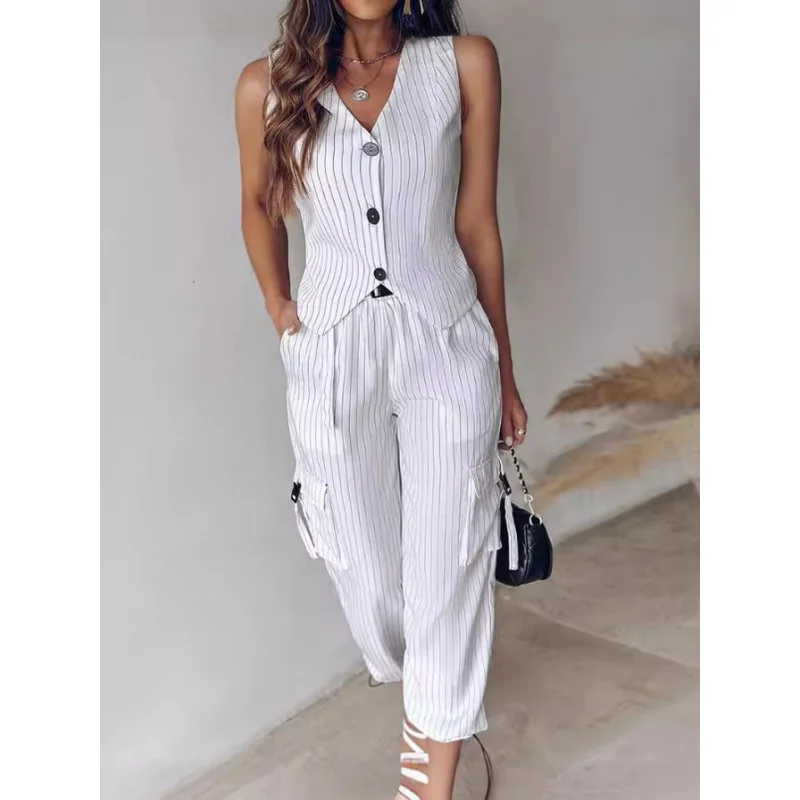 2024Amazon Foreign Trade Fashion Casual Striped Print Vest Suit Women's Clothing