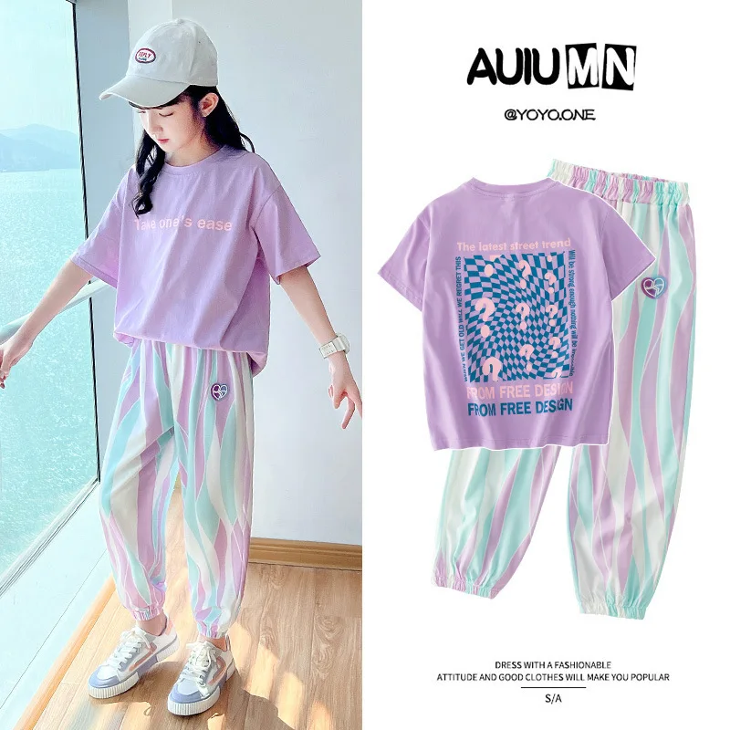 2024 summer girls Clothes Child set Sports Suit Teen tracksuit letter print loose t shirt + striped straight pants 4 12 14 year