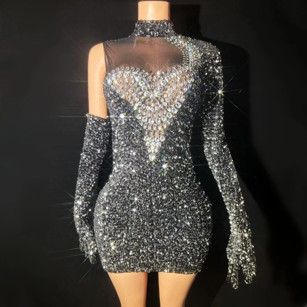 

Flashing Sequins Rhinestones Sexy See-Through Mini Dress Nightclub Performance Custome Stage Wear Birthday Evening Party Dress