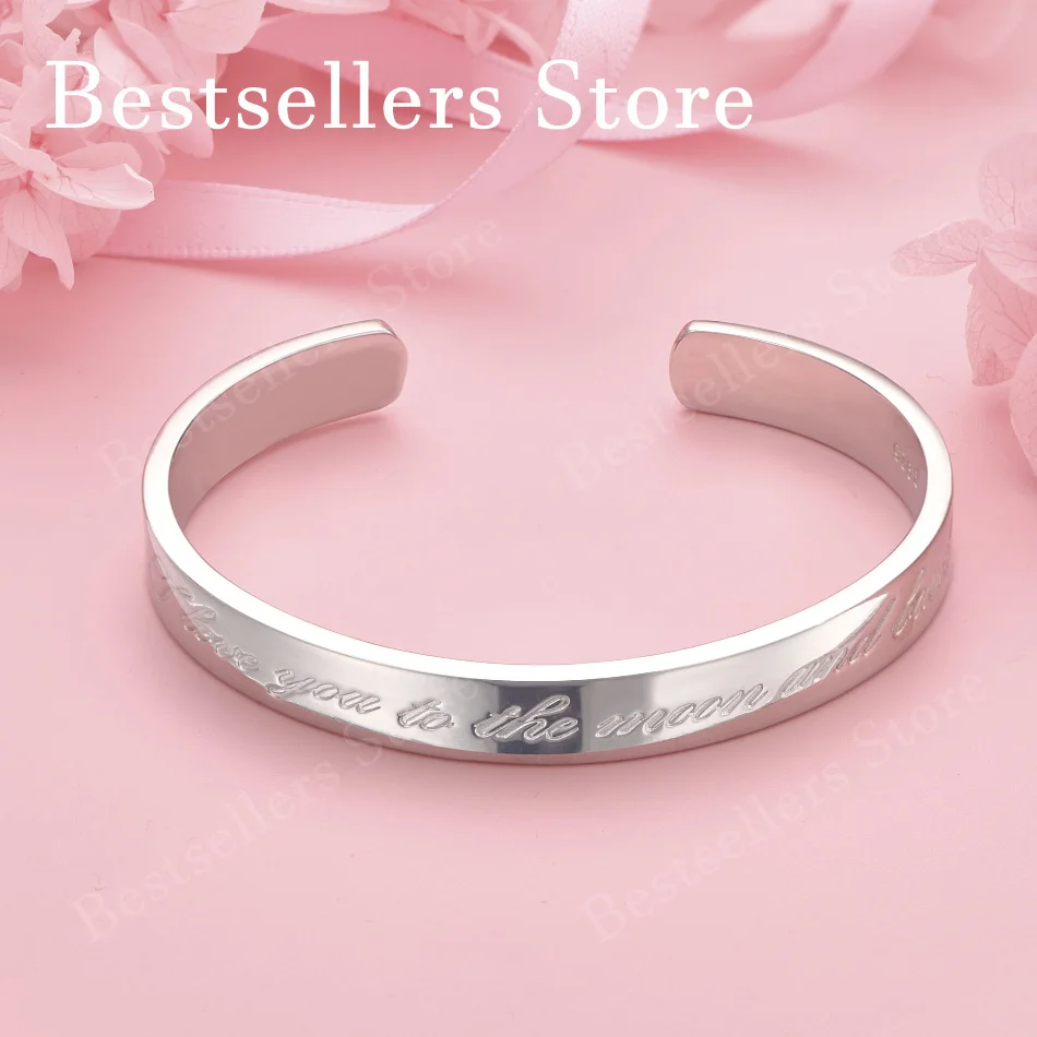Elegant 925 Sterling Silver Exquisite English Engraving Open Bracelet Women Fashion Wedding Party Jewelry