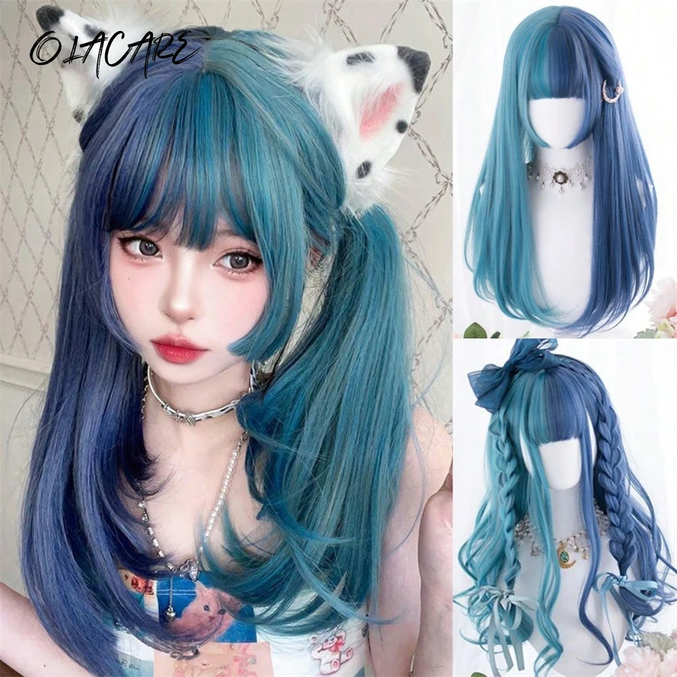 

Synthetic Long Straight Princess Lolita Wig with Bangs Wig Girl Cute Ombre Blue Green Black Cosplay Party Halloween Harajuku Wig