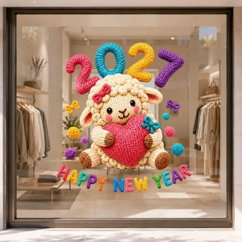 2027 Knit Sheep Static Window Sticker Happy New Year Decals Cute Lamb Christmas Window Decor Home Decoration Shop Glass Ornamen