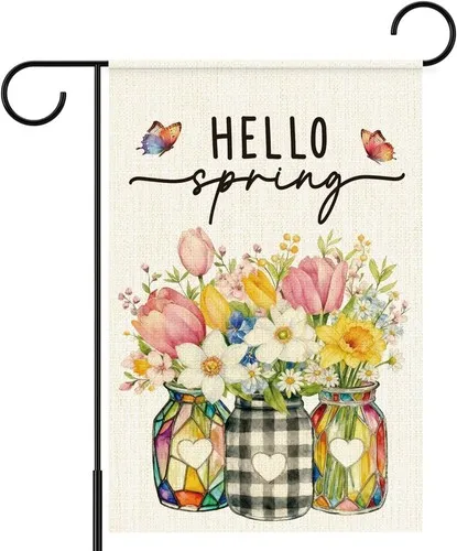 Hello Spring Garden Flag,Floral Mason Jar Outdoor Flags for Garden, 12x18 Inch XXQ