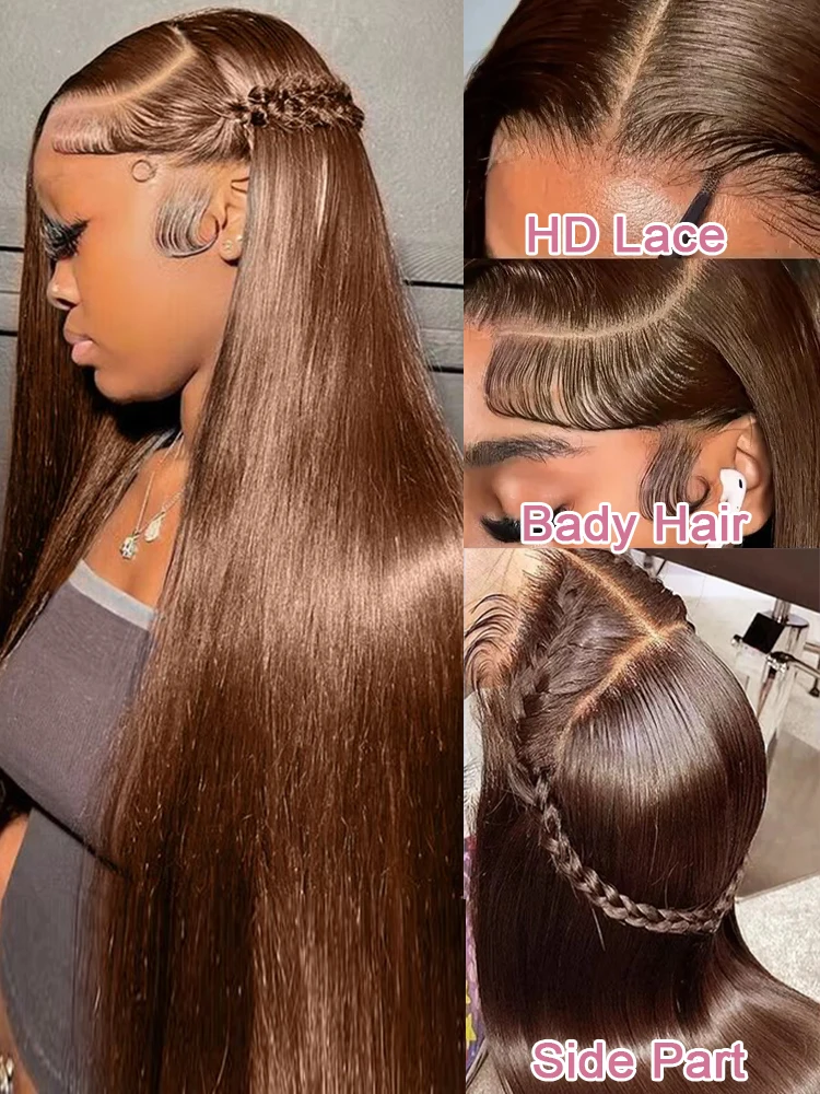 الشوكولاته البني مستقيم 13x4 13x6 Hd الدانتيل الباروكة الأمامية البرازيلي الملونة T جزء خصلات الشعر المستعار الإنسان للنساء قبل قطعها 30 36 بوصة