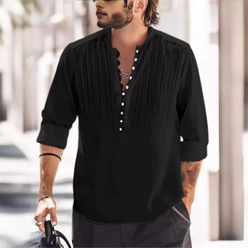 Camisa de manga larga informal de negocios con cuello levantado y múltiples botones para hombre nueva primavera