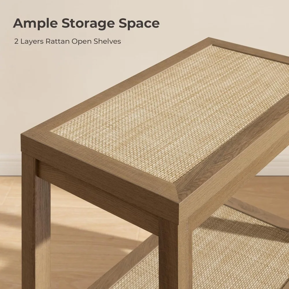 SICOTAS Rattan Night Stand Bedside Table - Farmhouse Boho Narrow End Table for Living Room - Accent Side Table with 2 Rattan Ope