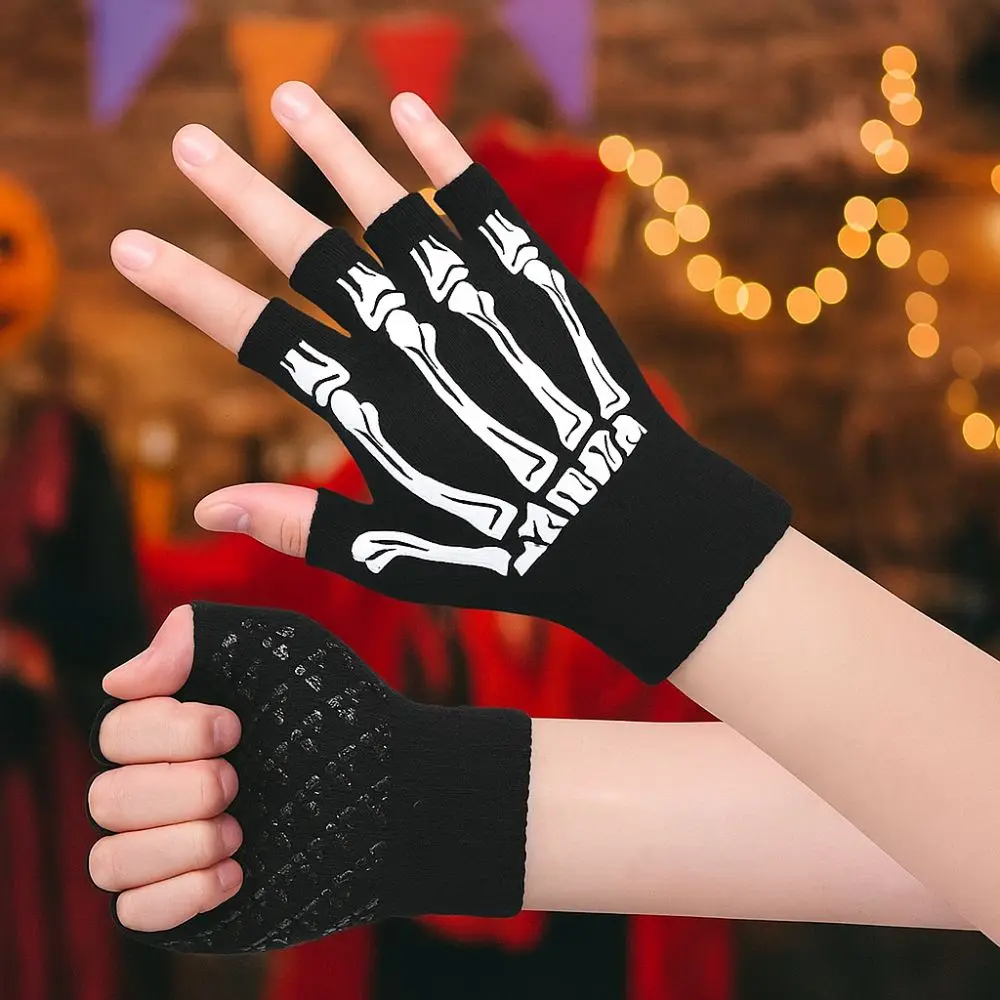 

Black Punk Skeleton Gloves Knitted Ghost Claw Halloween Skeleton Gloves Thicken Stretch Skull Half Finger Gloves Moto Riding
