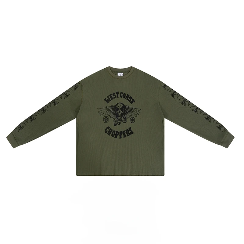 

Модный бренд High Street Trend WEST COAST: зеленая футболка с длинным рукавом для мужчин и женщин, парная модель, в стиле рок, хип-хоп, поп, с принтом черепа и крыльев