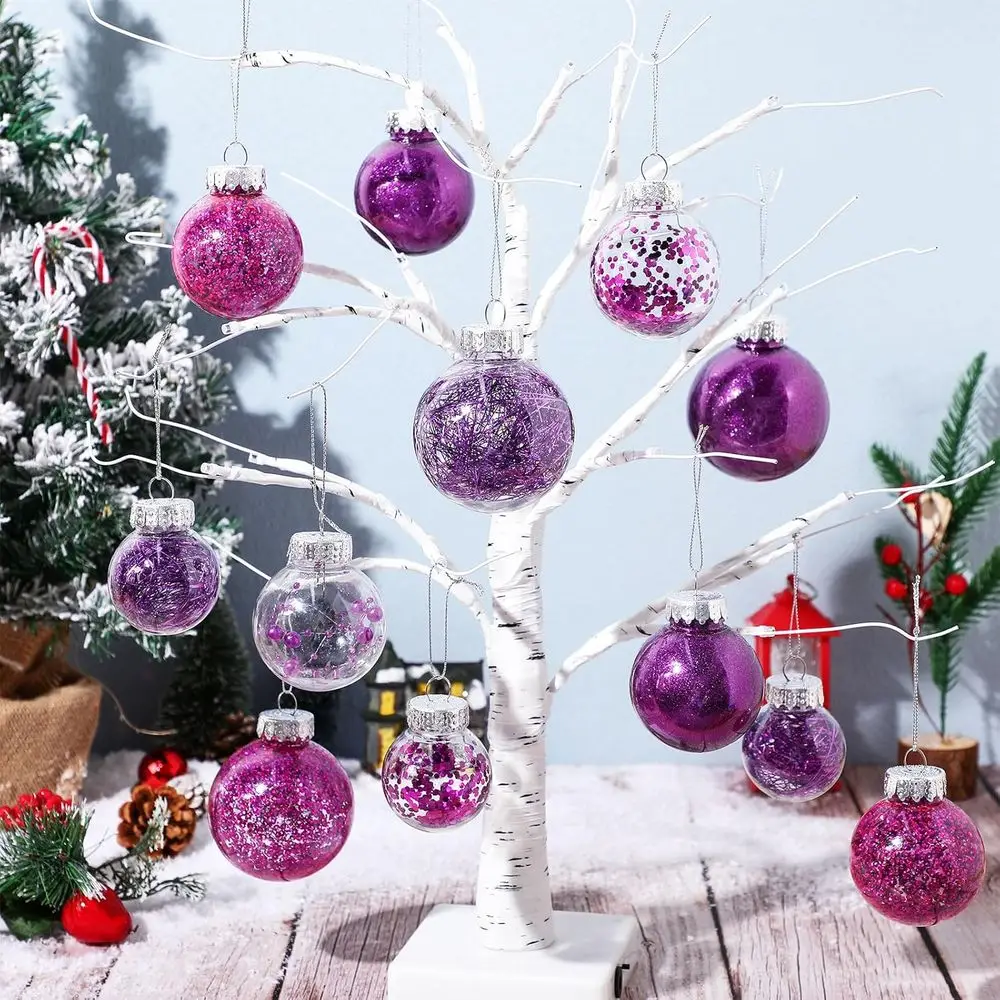 طقم زينة كرة عيد الميلاد مكون من 74 قطعة مقاومة للكسر باللون الأرجواني مع رقاقات الثلج والأشرطة والبونسيتة وطبقة شجرة