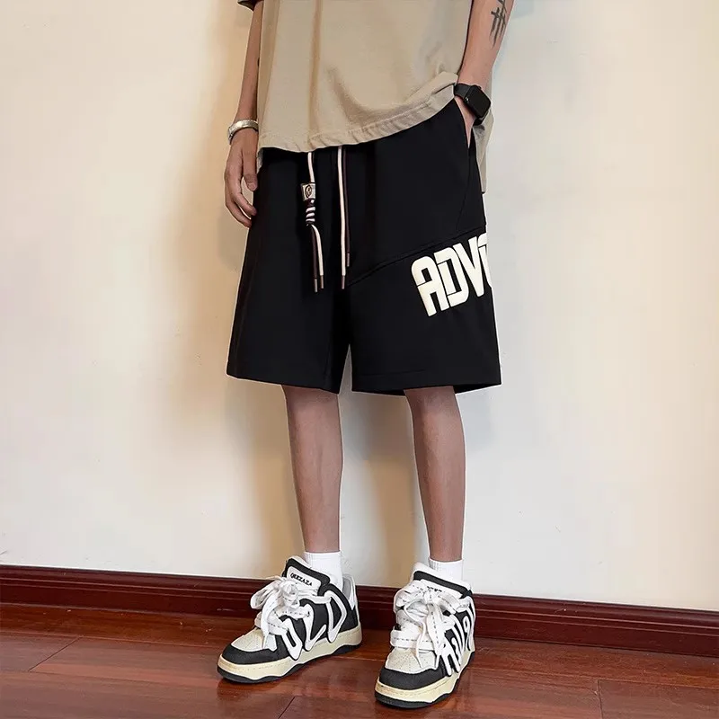 High Street Khaki Men Summer Letter Printing Casual Thin Style Street Leisure Loose Elastic Waist Drawstring All-match Shorts