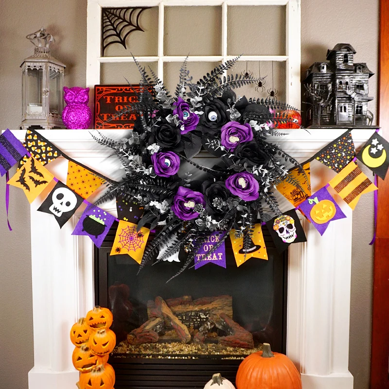 1pc Halloween Wreaths For Front Door Spooky Home Decor Artifical Wreath Halloween Roses Eyeballs Feather Wreath For Indoor