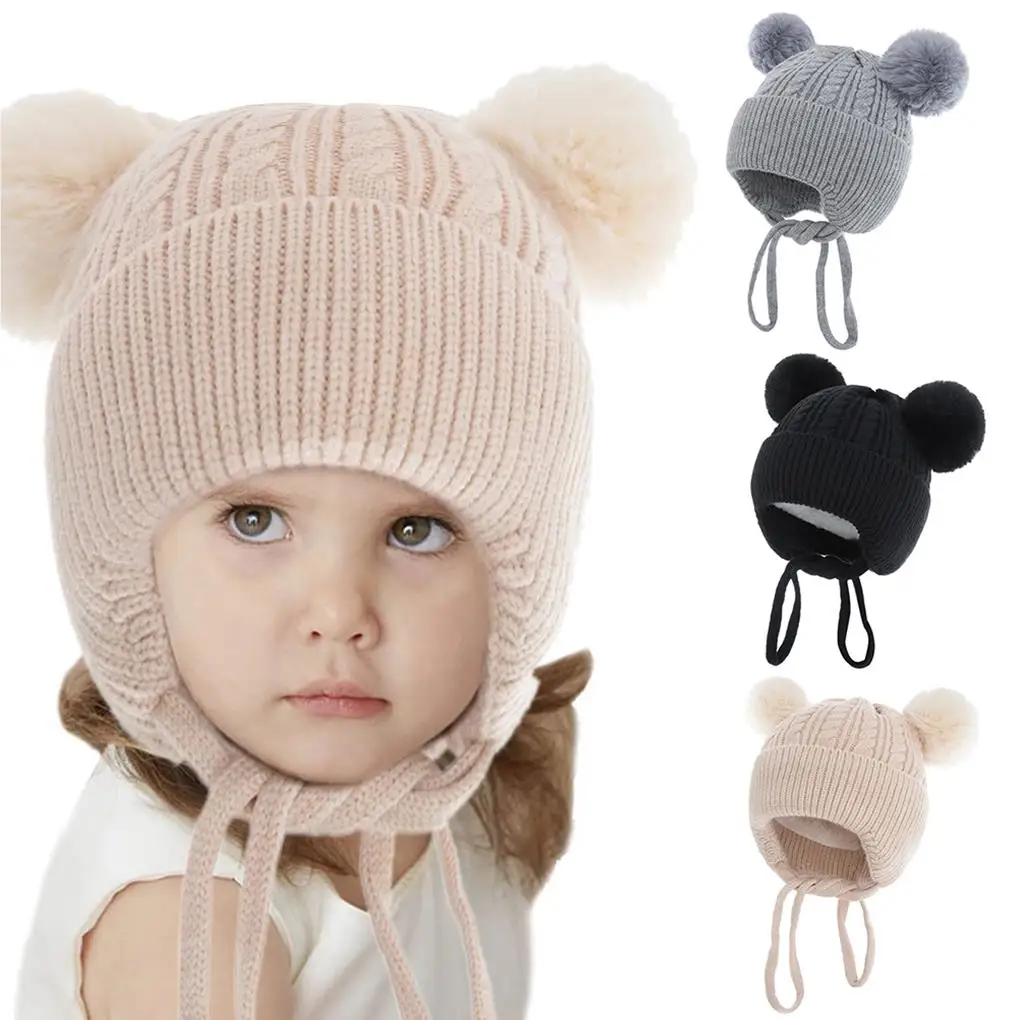 Babies Winter Beanie Outdoor Indoor Thermal Thermal Headgear Solid Color Boys Girls Plush Ball Knit Hat Head Warmer image 6