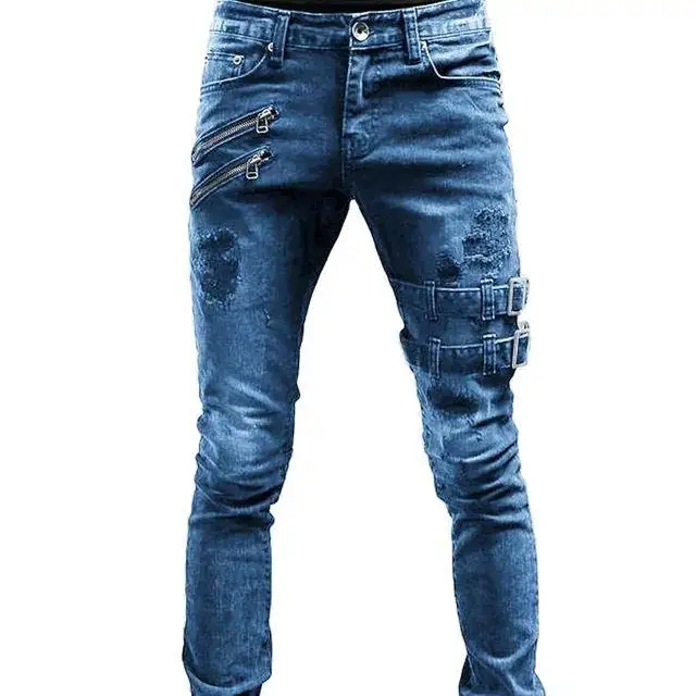 

New Men's Slim Fit Motorcycle Jeans Elastic Personali ular Small Foot Denim Pants mid Waist Zipper Casual Long Trou...