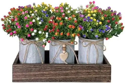 

Artificial Flower Set with 3 Fake Milan Bouquets & Wood Tray for Home, Office, Bathroom Decor – Table Centerpiece