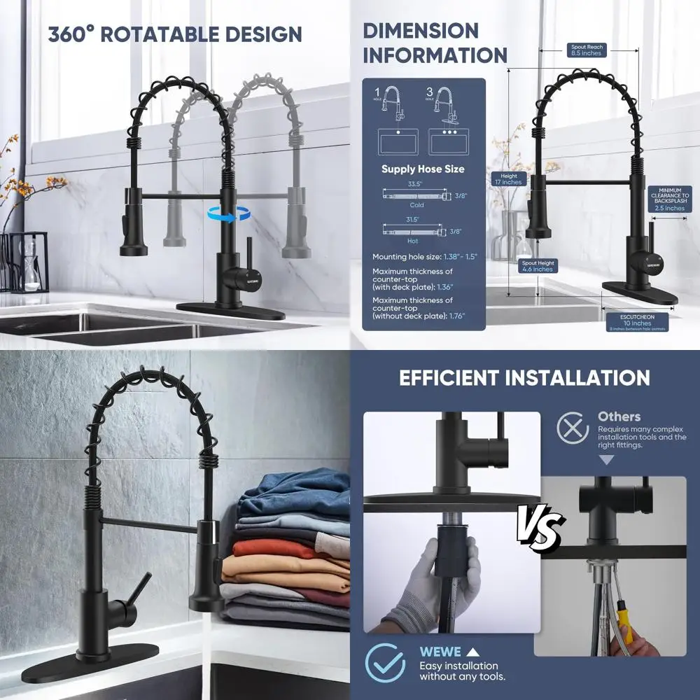 

Commercial Grade Stainless Steel Single Handle Pull-Down Spray Kitchen Faucet with Matte Black Finish for Farmhouse and RV Sinks