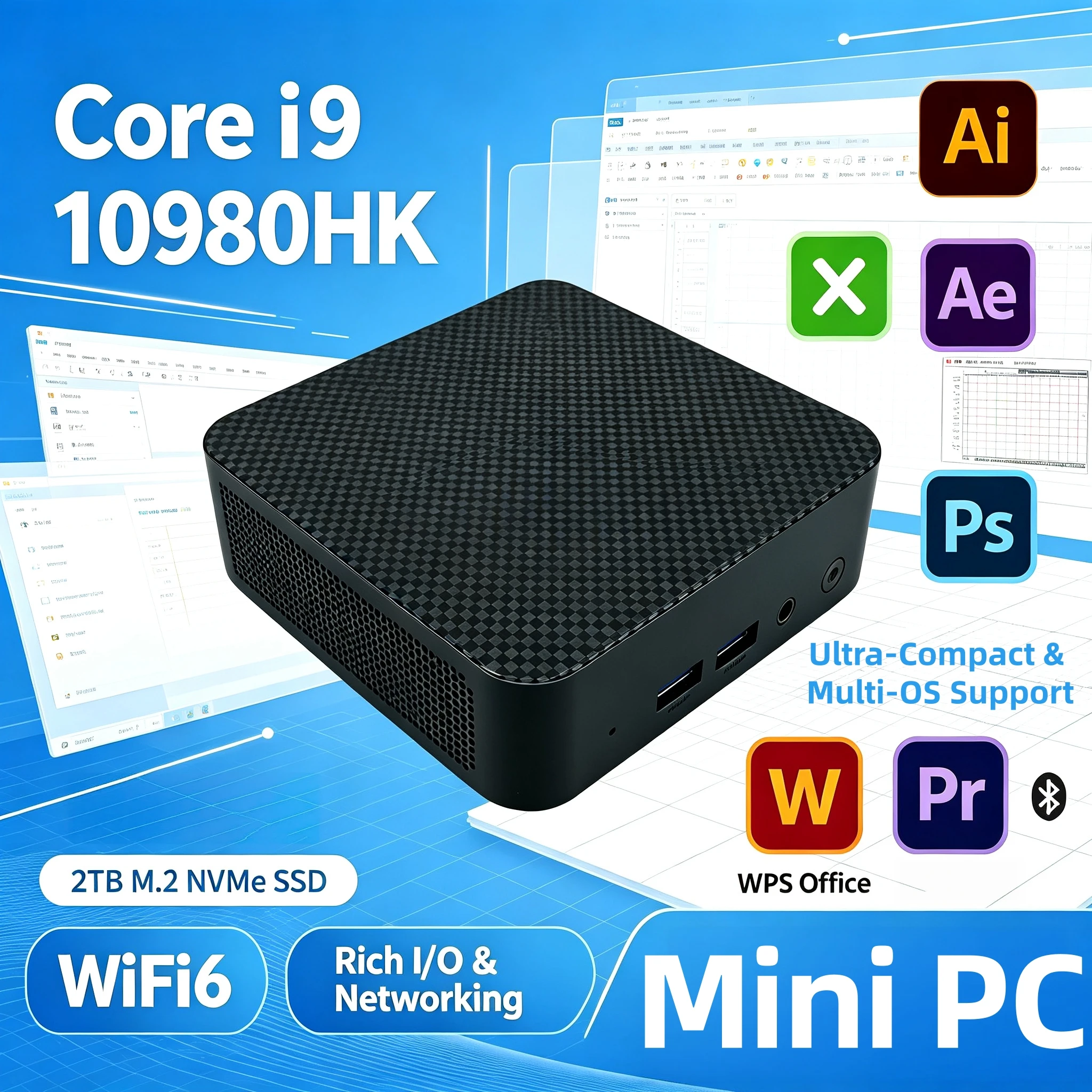 2026 Intel i9 10980HK Mini Computer 16GB DDR4 512GB NVMe SSD Triple 4K 60Hz WiFi6 Silent Cooling Office Home Pro Ultra