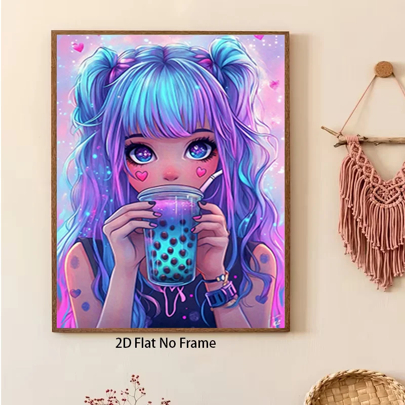 (No frame)2D Flat, 2D Flat, 1pc Dreamy Gradient Blue-Purple Twin-Tailed Girl Pearl Milk Tea Illustration Frameless Canvas Wal