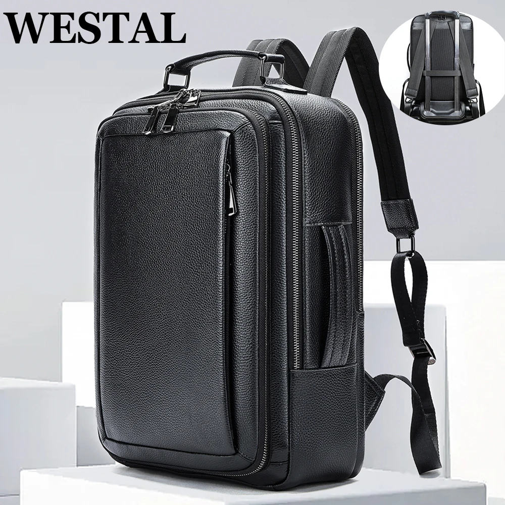 WESTAL Black Leather Backpack for Teenager Men Daypack with Strap for Carrying Multi-pockets Backpacks Handbags School Bags 2290