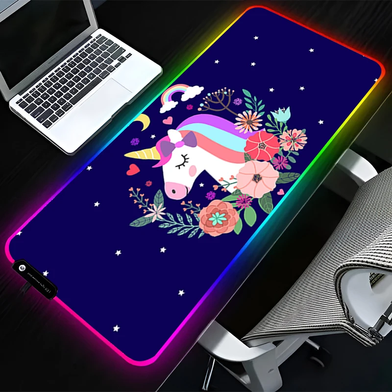 RGB LEDマウスパッド ラバー製 漫画柄 マウスパッド 拡張パッド PCアクセサリー デスクマット 滑り止め ゲーミングマット オフィス ユニコーン キーボードパッド