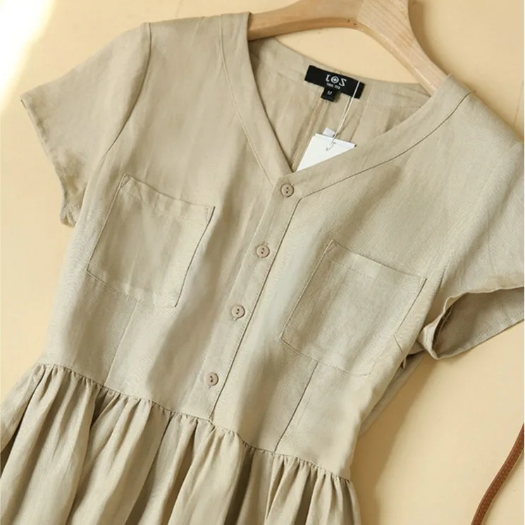 Summer Slimming V-Ne Midi Dr Faionable Thin Cotton Linen Blend Waist-Cinching ort Sve Retro Skirt Commute Sle